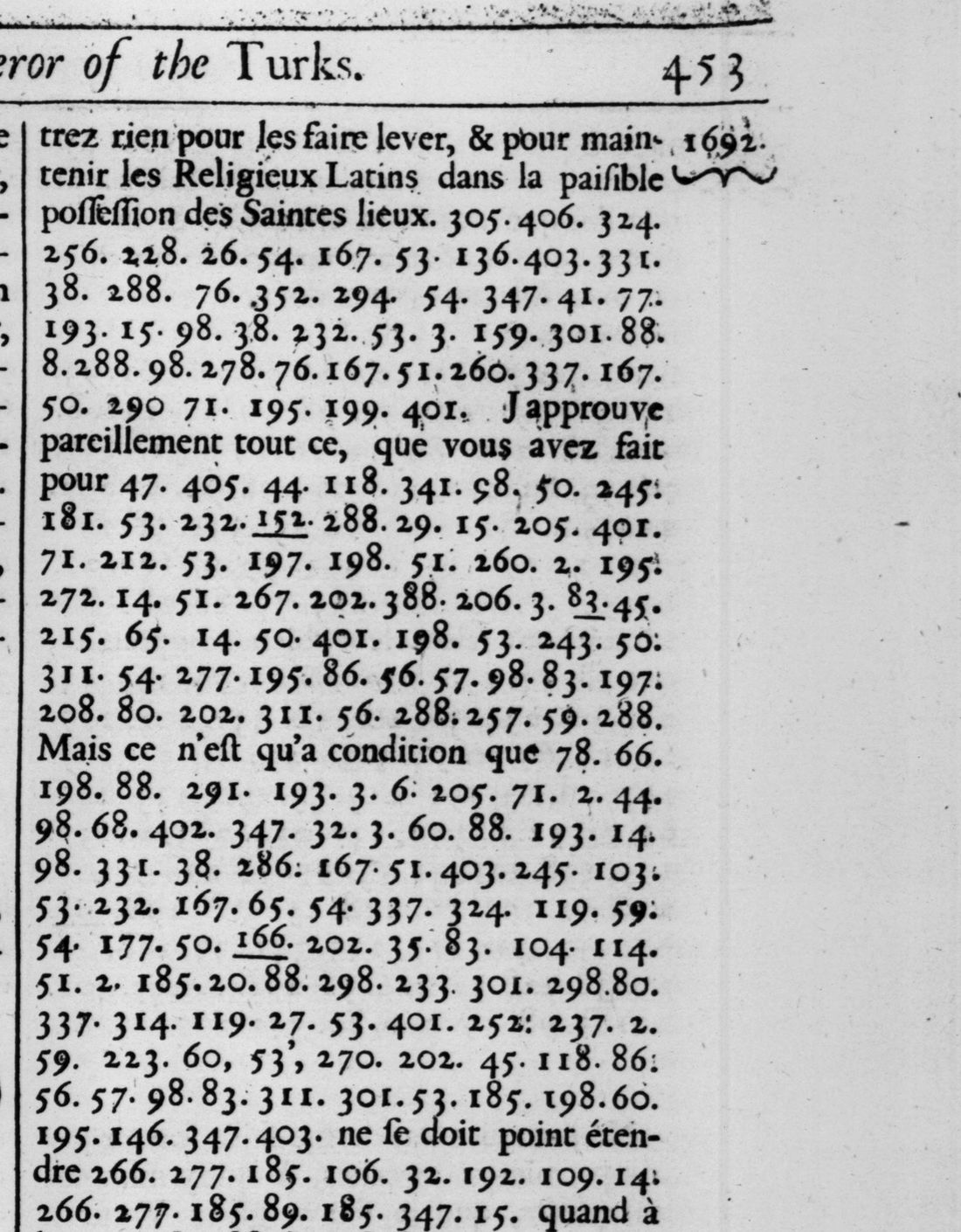 Close-up of the cipher on page 453: rows of numbers such as 305. 406. 324. 256. 228., interrupted by plain French phrases like 'J'approuve pareillement tout ce, que vous avez fait pour'.